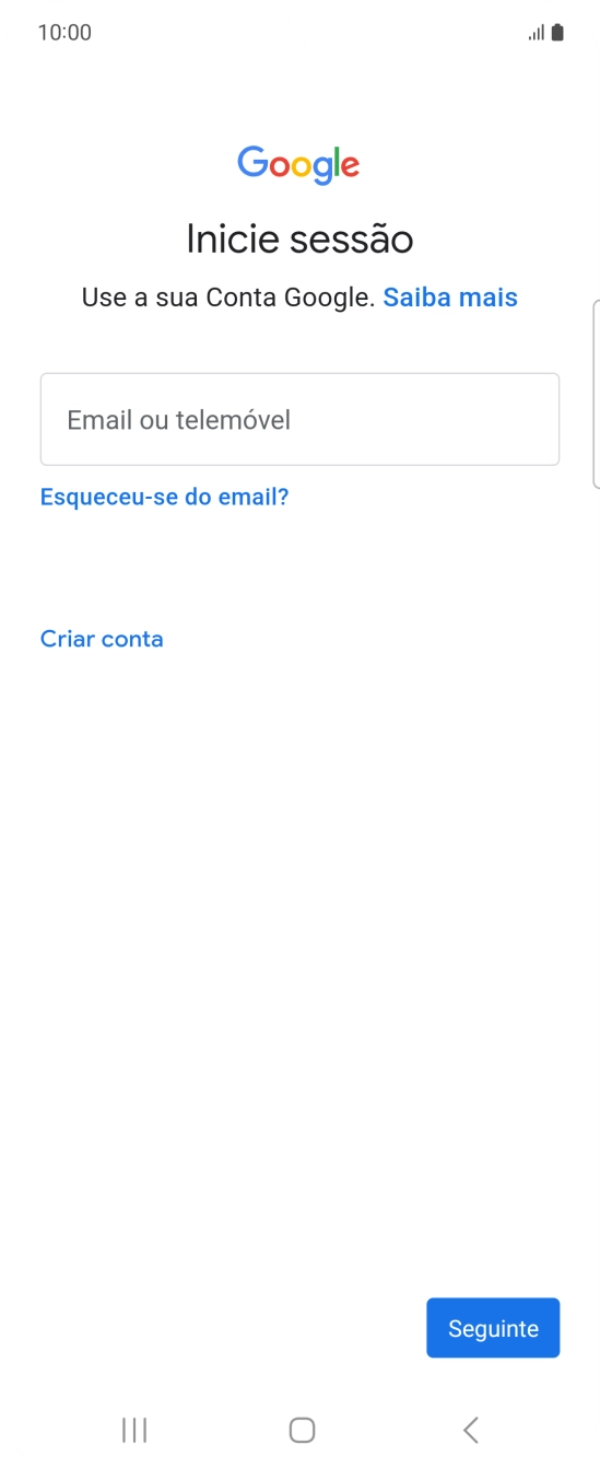 Se não tiver uma conta Google, prima Criar conta e siga as indicações no ecrã para criar uma conta.