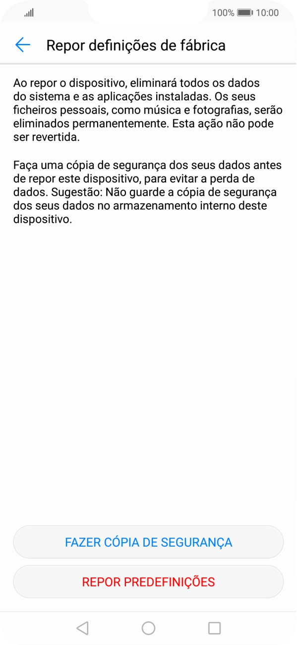 Prima REPOR PREDEFINIÇÕES. Aguarde um momento enquanto o telefone restabelece as definições originais. Siga as indicações no ecrã para configurar o telefone de modo que este fique pronto a ser utilizado.