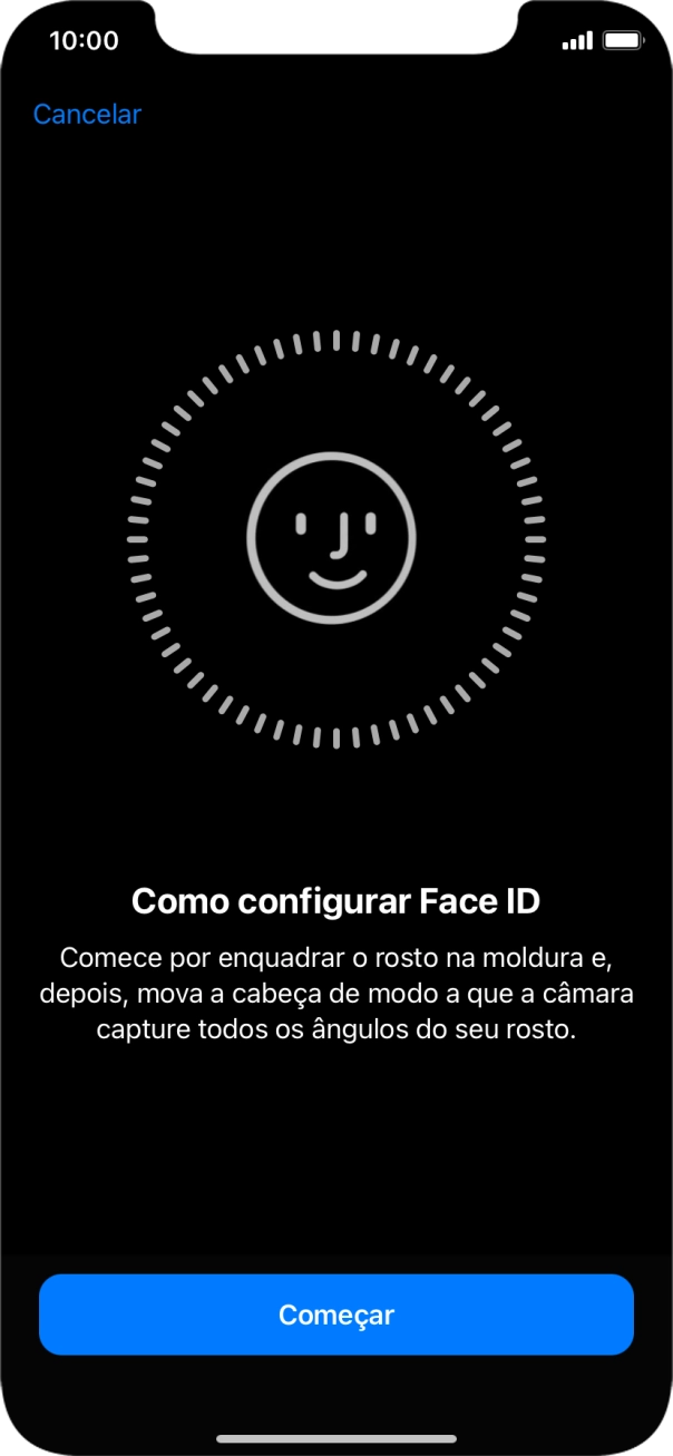 Prima Começar e siga as indicações no ecrã para estabelecer um código de reconhecimento facial (Face ID).