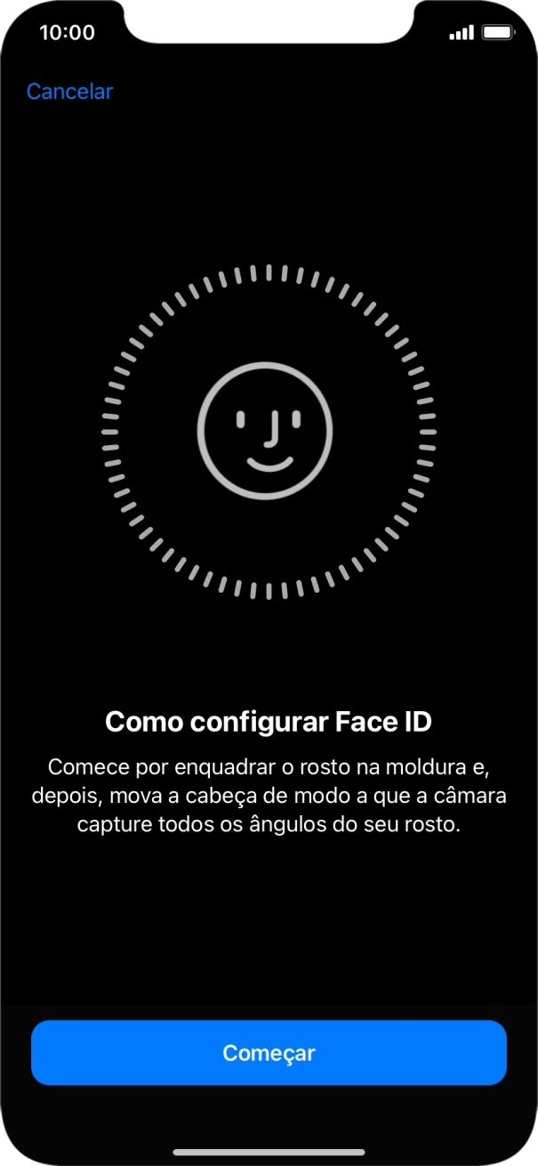 Prima Começar e siga as indicações no ecrã para estabelecer um código de reconhecimento facial (Face ID).