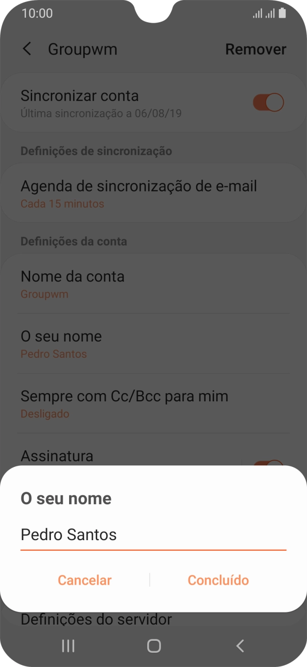Introduza o nome de remetente e prima Concluído.