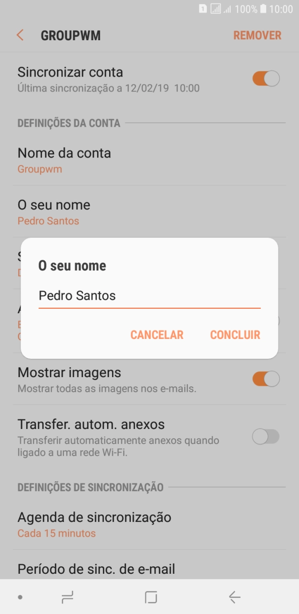 Introduza o nome de remetente e prima CONCLUIR.
