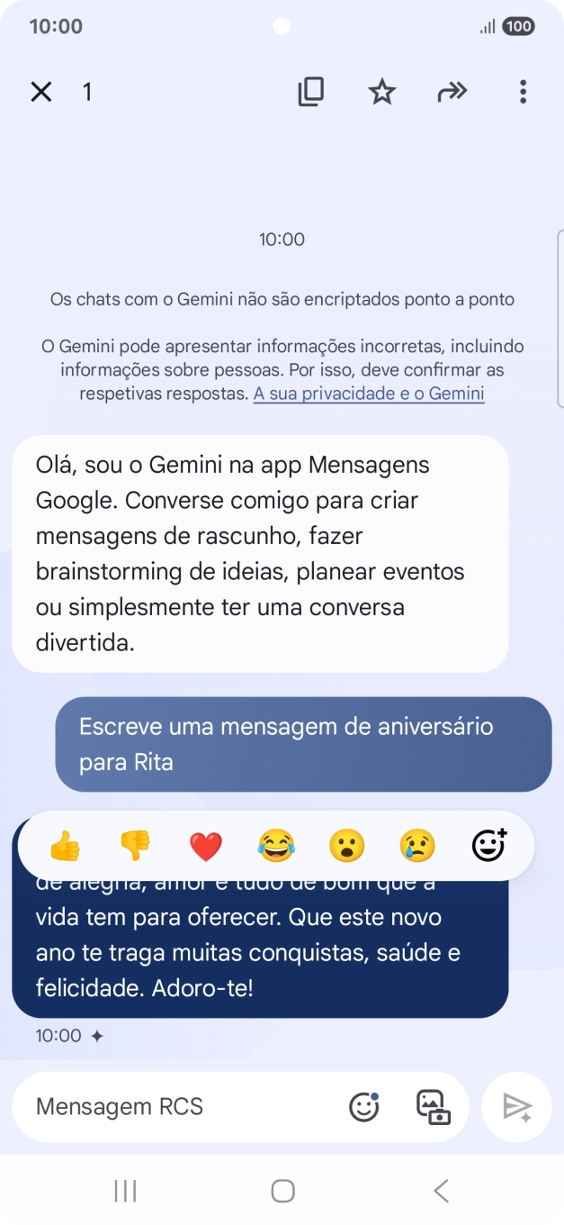 Mantenha premida por um momento a sugestão de texto da Gemini. Siga as indicações no ecrã  para utilizar a sugestão de texto.