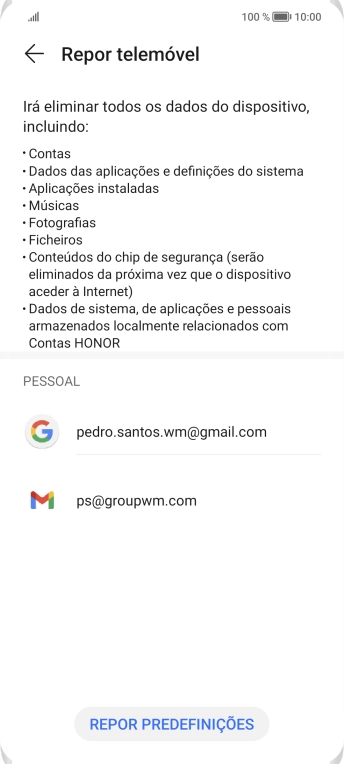 Prima REPOR PREDEFINIÇÕES.