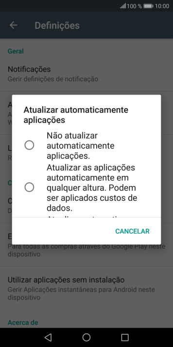 Para desativar a atualização automática de apps, prima Não atualizar automaticamente aplicações..