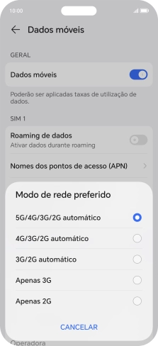 Prima o tipo de rede pretendido.