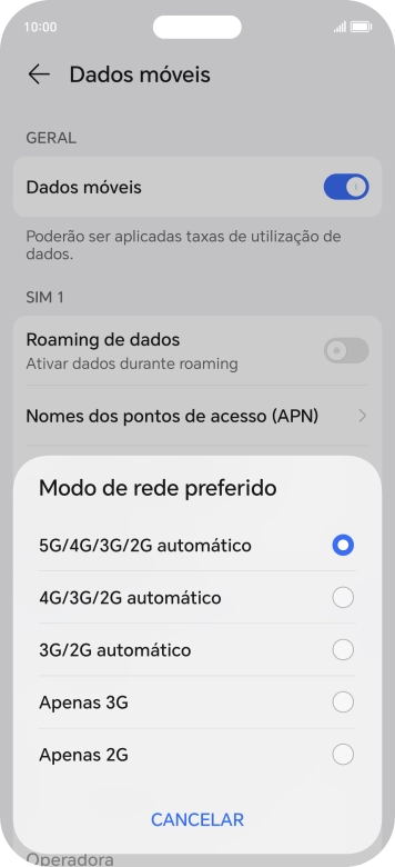 Prima o tipo de rede pretendido.