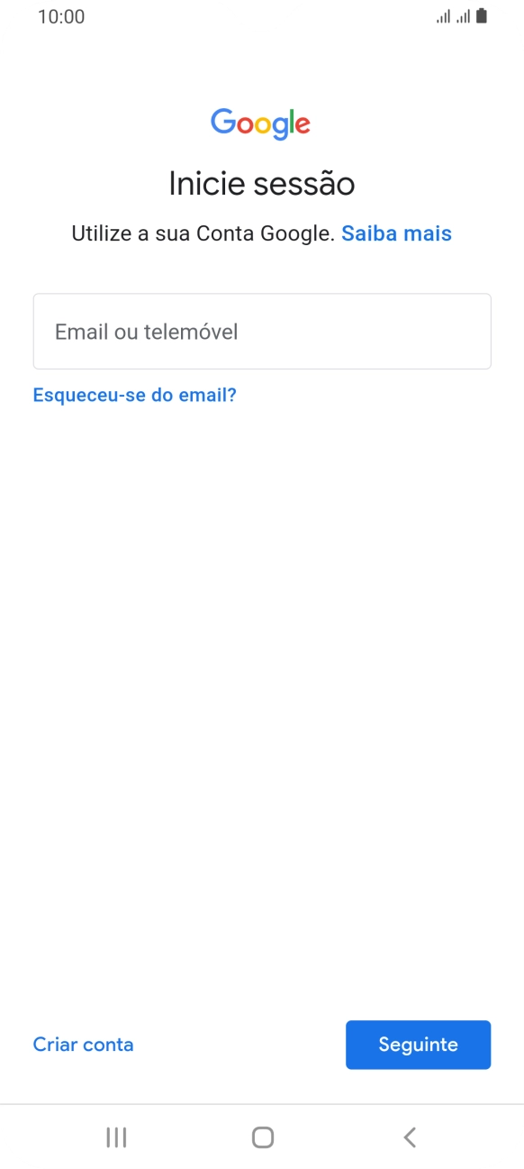 Se não tiver uma conta Google, prima Criar conta e siga as indicações no ecrã para criar uma conta.