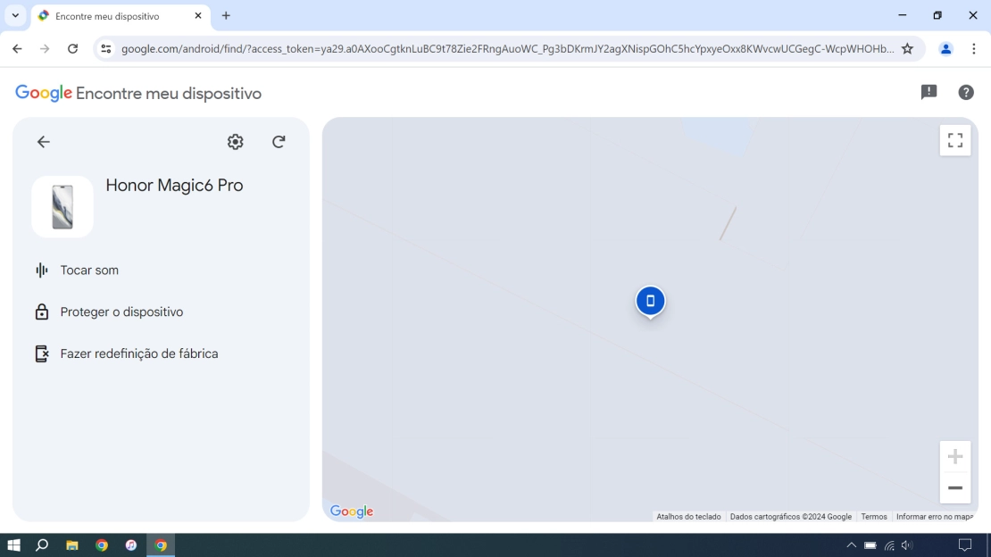 A última localização do seu telefone é mostrada no mapa.
