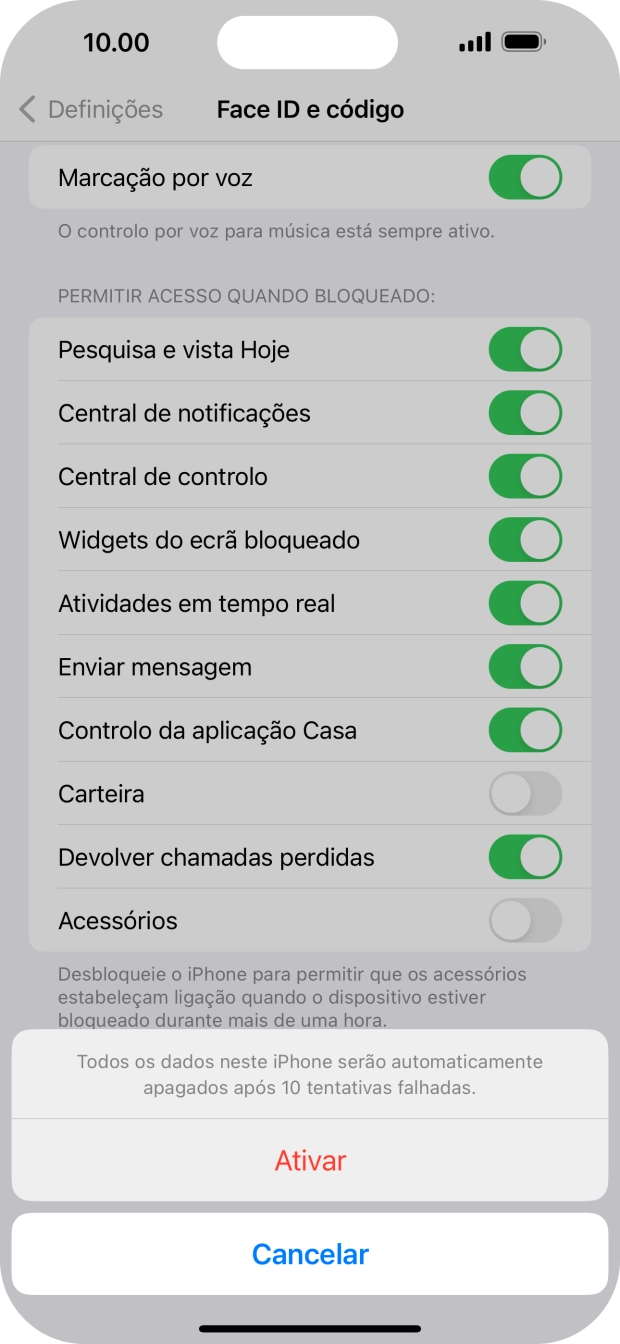 Se ativar a função, prima Ativar.