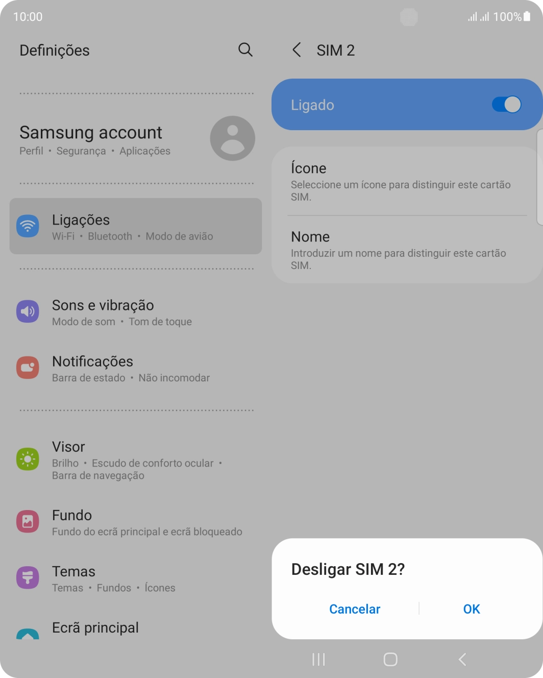 Para desativar o cartão SIM, prima OK.