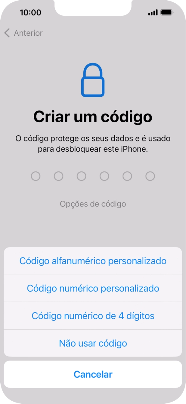 Siga as indicações no ecrã para ativar a utilização do código de bloqueio do telefone ou prima Não usar código.