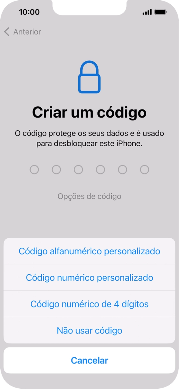 Siga as indicações no ecrã para ativar a utilização do código de bloqueio do telefone ou prima Não usar código.