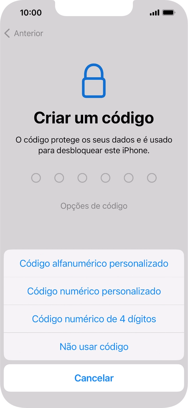 Siga as indicações no ecrã para ativar a utilização do código de bloqueio do telefone ou prima Não usar código.