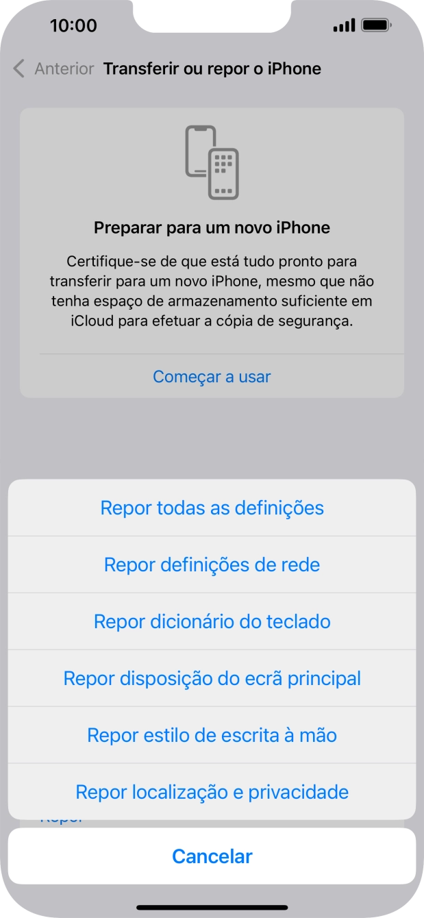 Prima Repor definições de rede.