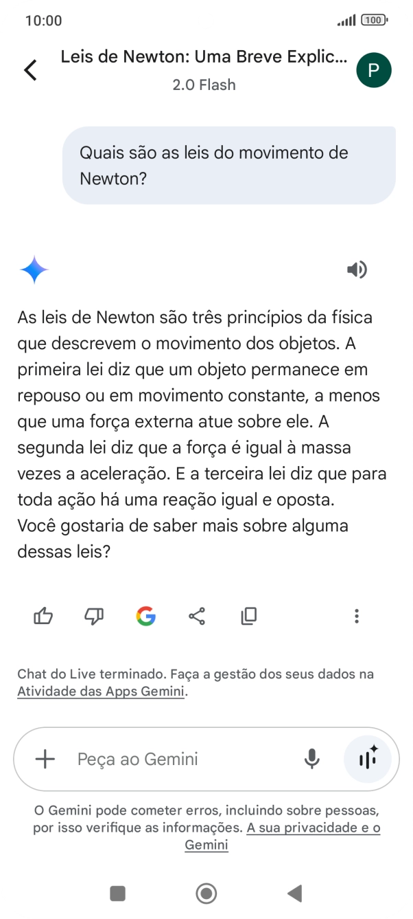 A transcrição da conversa com a Gemini Live é agora mostrada no ecrã.
