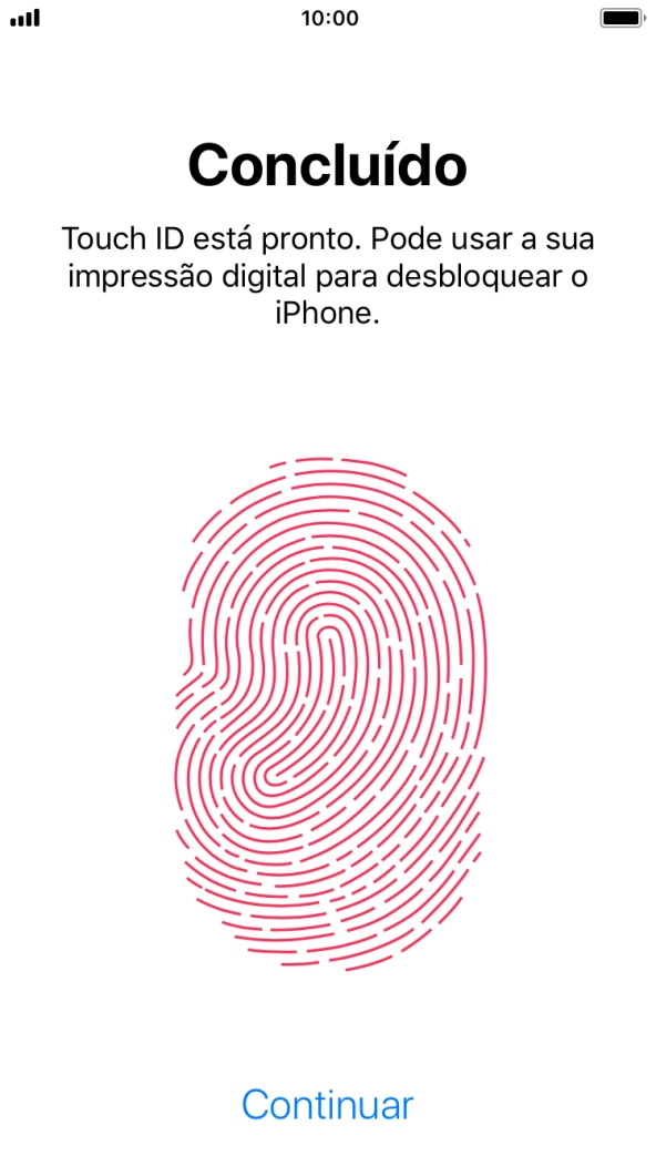 Prima Continuar. Se ainda não tiver escolhido um código de bloqueio do telefone, introduza um código à escolha duas vezes de seguida.