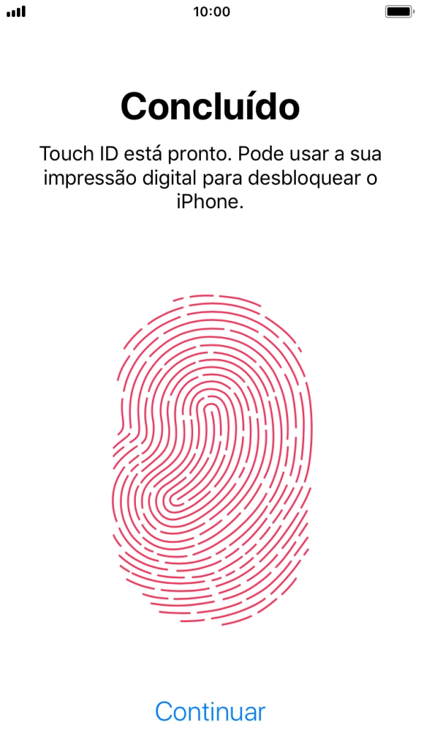 Prima Continuar. Se ainda não tiver escolhido um código de bloqueio do telefone, introduza um código à escolha duas vezes de seguida.