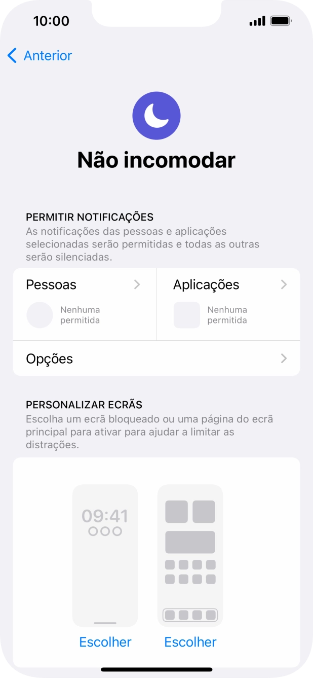 Prima Pessoas e siga as indicações no ecrã para escolher quais os contactos de que pretende receber chamadas e notificações, enquanto a função “Não incomodar” está ativada.