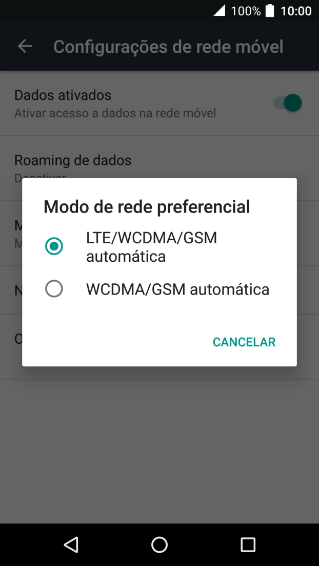 Prima o tipo de rede pretendido.