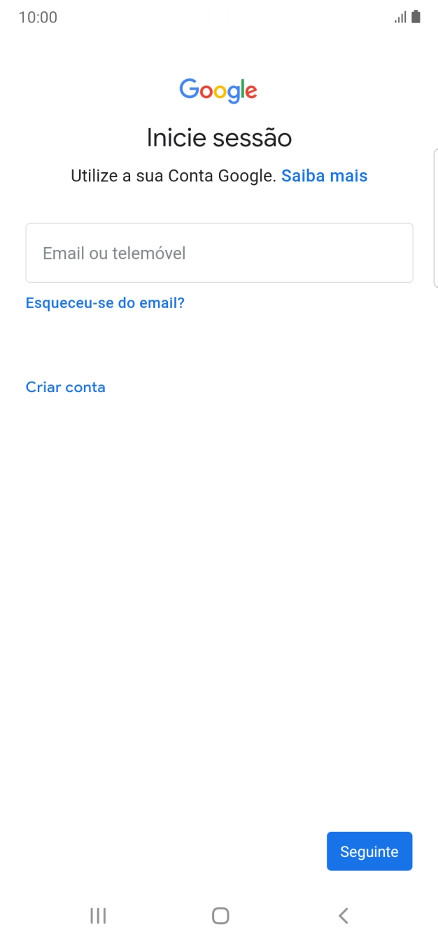 Se não tiver uma conta Google, prima Criar conta e siga as indicações no ecrã para criar uma conta.