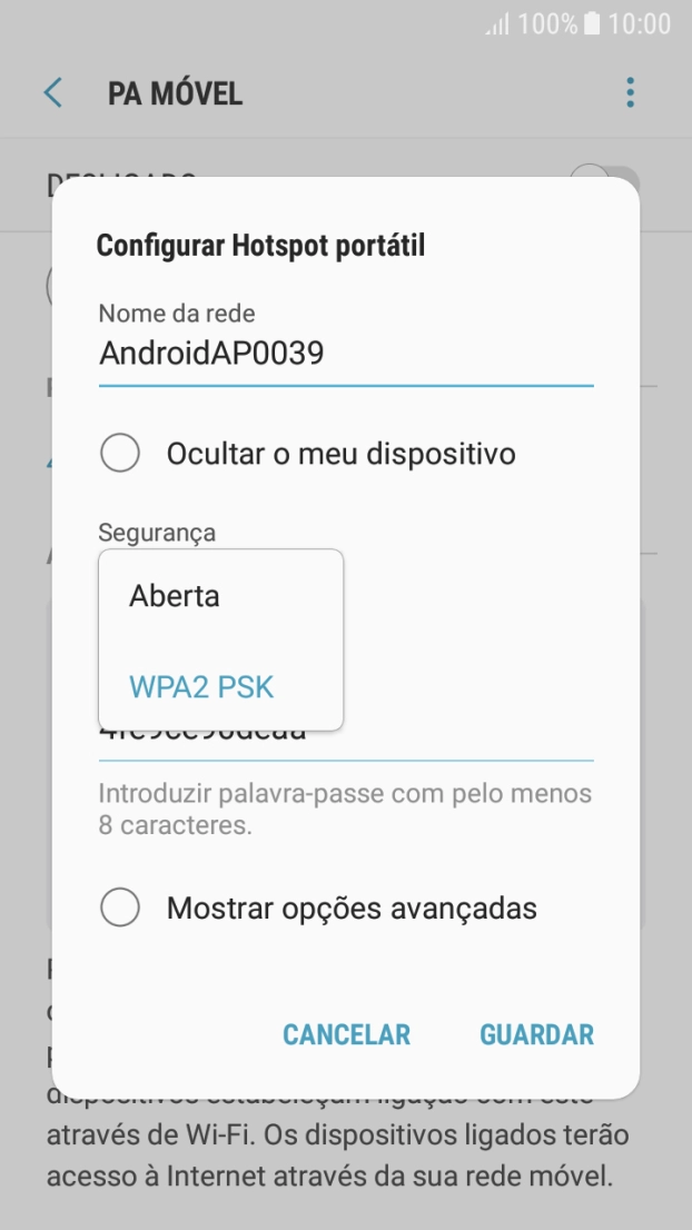 Prima WPA2 PSK para proteger o hotspot Wi-Fi com uma password.