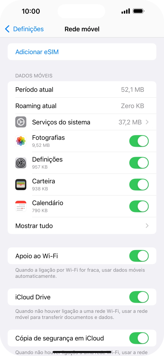 Prima o indicador junto das aplicações pretendidas para ativar ou desativar a função.