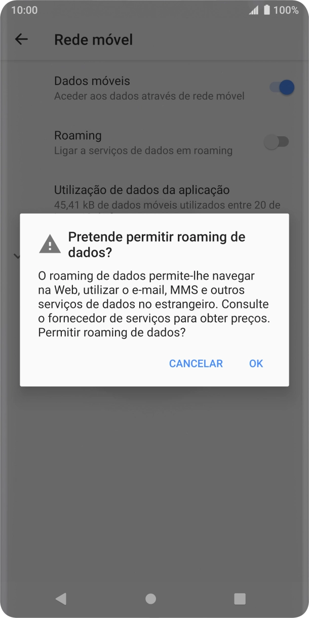 Para ativar o roaming de dados, prima OK.