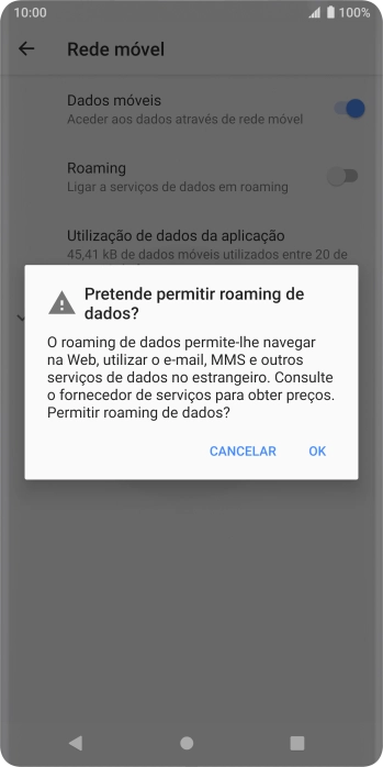 Para ativar o roaming de dados, prima OK.