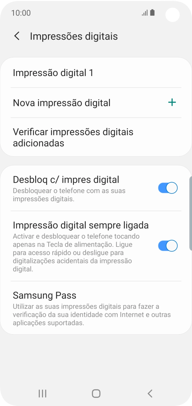 Prima o indicador junto às definições pretendidas para ativar ou desativar as funções.