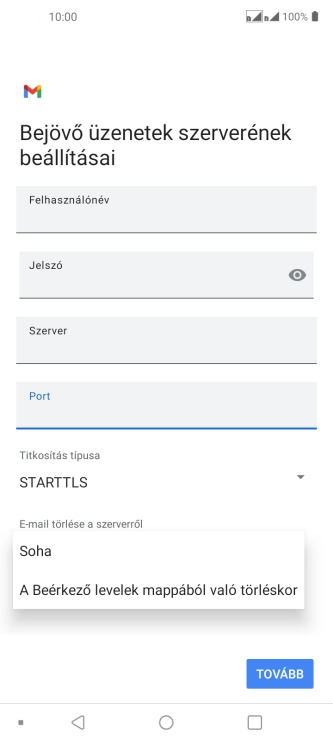 Válaszd a Soha lehetőséget ahhoz, hogy az e-mailek megtalálhatóak legyenek a szerveren, miután a telefonról törölted őket.
