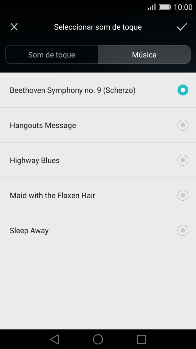 Quando tiver encontrado o tom de toque que pretende, prima o ícone para aceitar.