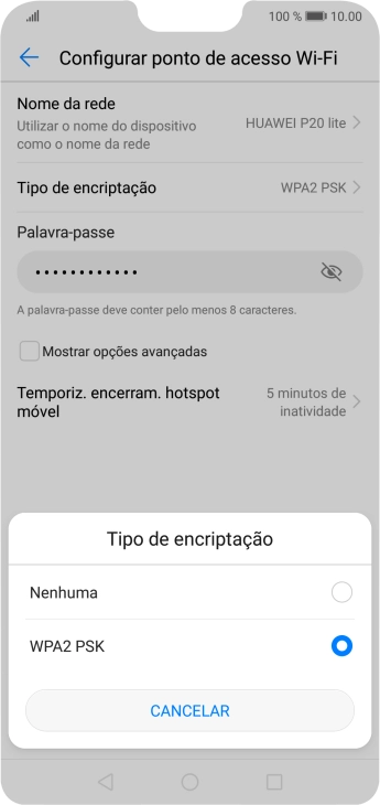 Prima WPA2 PSK para proteger o hotspot Wi-Fi com uma password.
