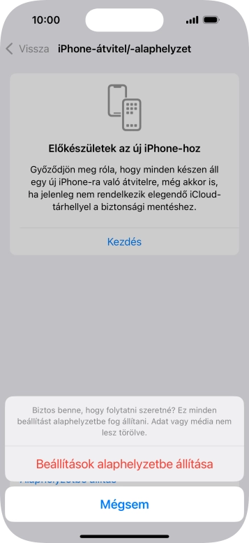 Válaszd a Beállítások alaphelyzetbe állítása lehetőséget. Várj egy kicsit, amíg a telefon visszaállítja a gyári beállításokat. A telefon konfigurálásához és ahhoz, hogy üzemkész állapotba hozd, kövesd a képernyőn megjelenő utasításokat.