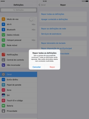 Prima Repor. Aguarde um momento enquanto o tablet restabelece as definições originais. 
Siga as indicações no ecrã para configurar o tablet de modo que este fique pronto a ser utilizado.