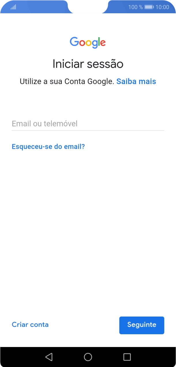 Se não tiver uma conta Google, prima Criar conta e siga as indicações no ecrã para criar uma conta.