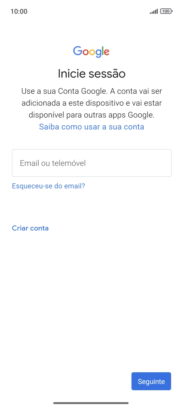 Se não tiver uma conta Google, prima Criar conta e siga as indicações no ecrã para criar uma conta.