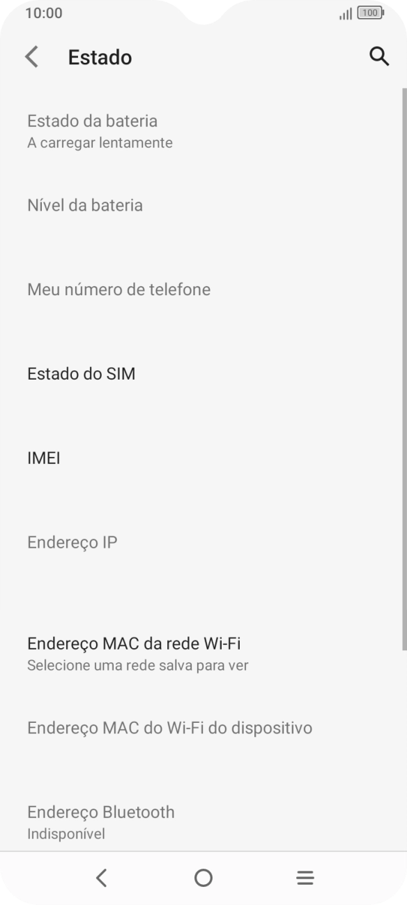 O código IMEI é mostrado no ecrã.