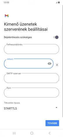 Kattints az „SMTP-szerver” alatti mezőre, és írd be az e-mail szolgáltatód kimenő szerverének a nevét.