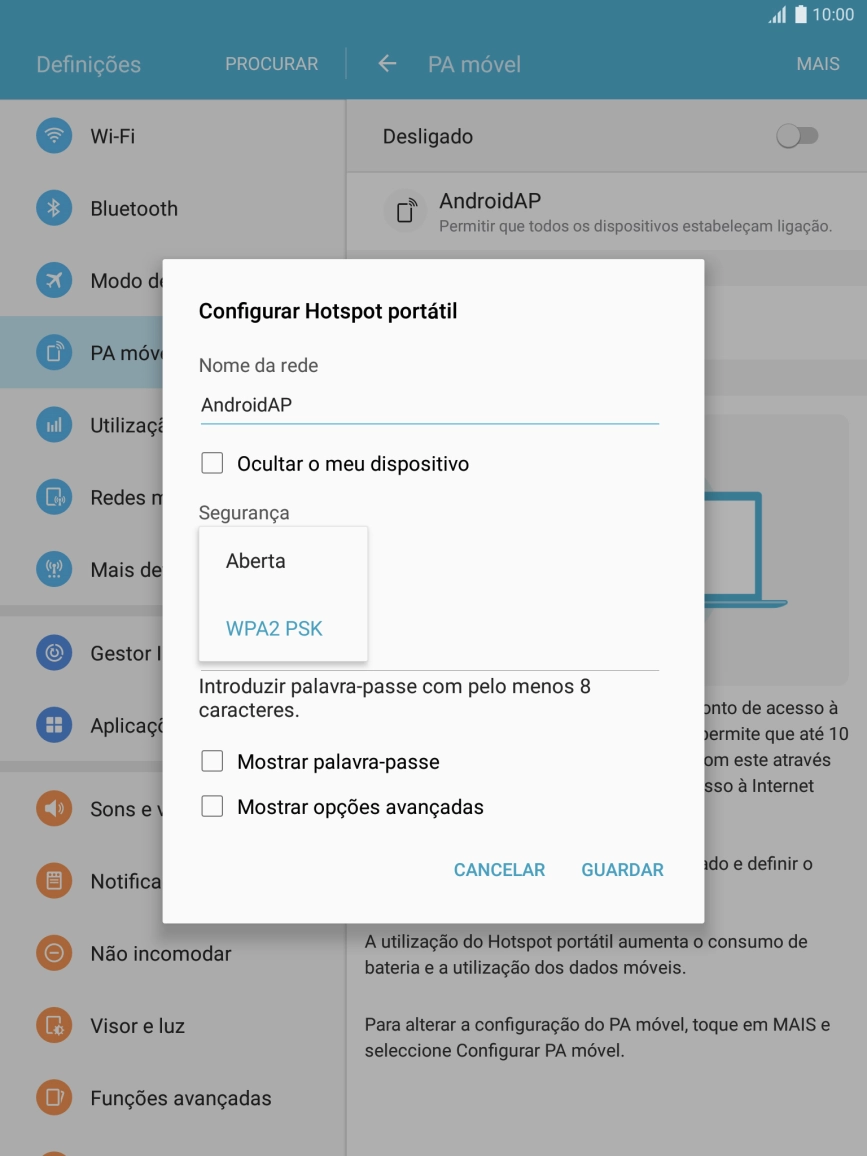 Prima WPA2 PSK para proteger o hotspot Wi-Fi com uma password.