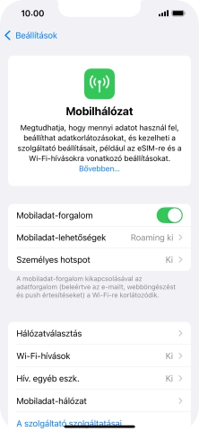 Válaszd a Mobiladat-hálózat lehetőséget.