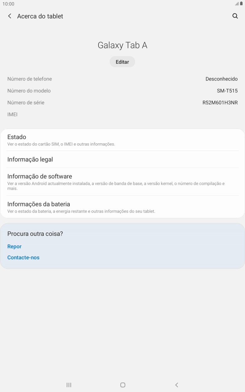 O código IMEI é mostrado no ecrã.
