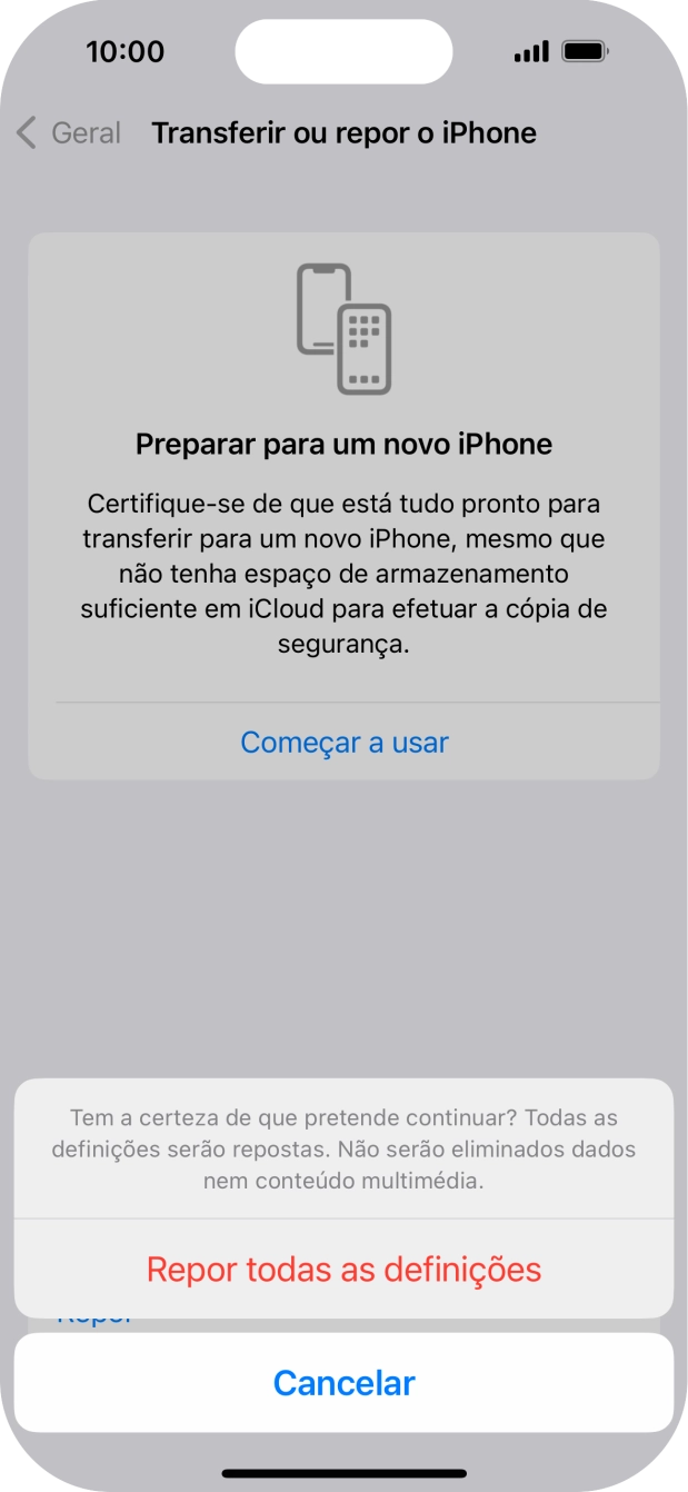 Prima Repor todas as definições. Aguarde um momento enquanto o telefone restabelece as definições originais. Siga as indicações no ecrã para configurar o telefone de modo que este fique pronto a ser utilizado.