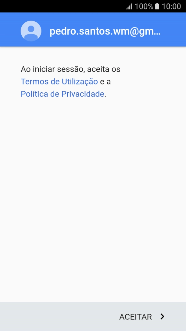 Prima ACEITAR e siga as indicações no ecrã para escolher as definições da conta Google.
