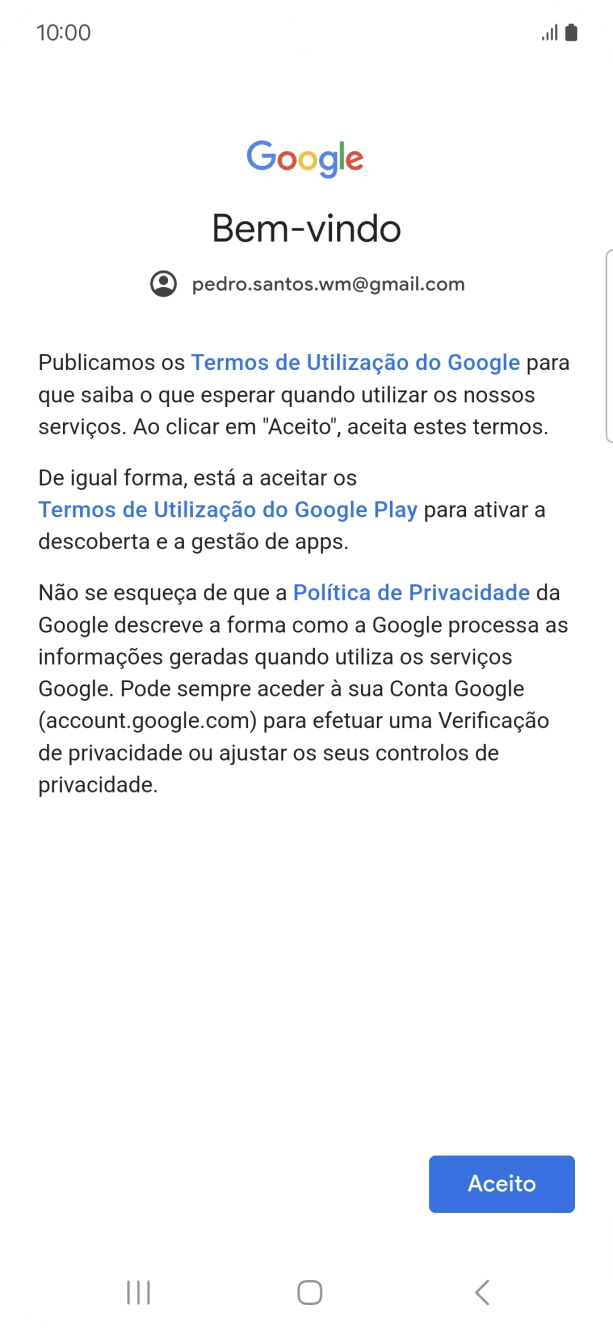 Prima Aceito e siga as indicações no ecrã para escolher as definições da conta Google.