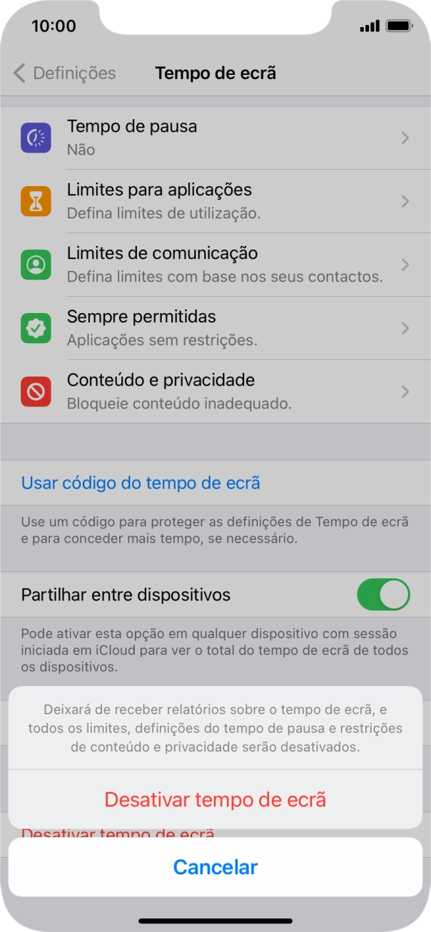 Prima Desactivar tempo de ecrã.