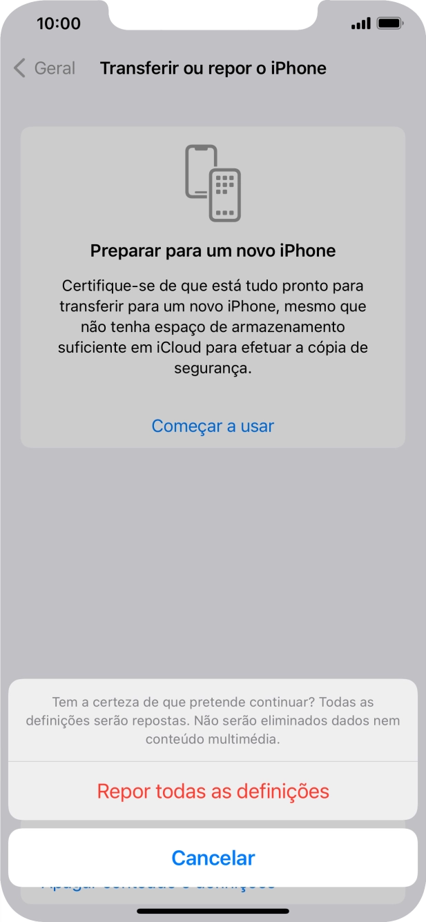 Prima Repor todas as definições. Retire o retentor do cartão SIM Siga as indicações no ecrã para configurar o telefone de modo que este fique pronto a ser utilizado.