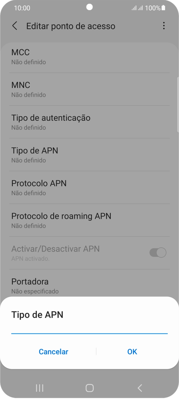 Introduza default e prima OK.