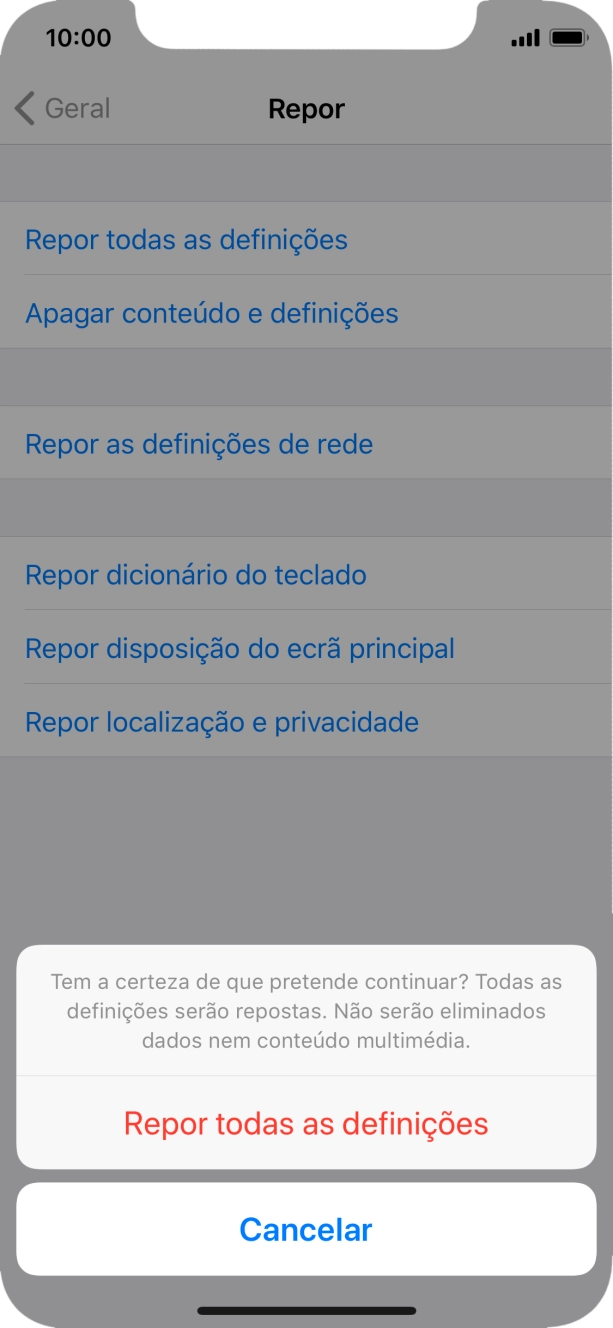 Prima Repor todas as definições. Aguarde um momento enquanto o telefone restabelece as definições originais. Siga as indicações no ecrã para configurar o telefone de modo que este fique pronto a ser utilizado.