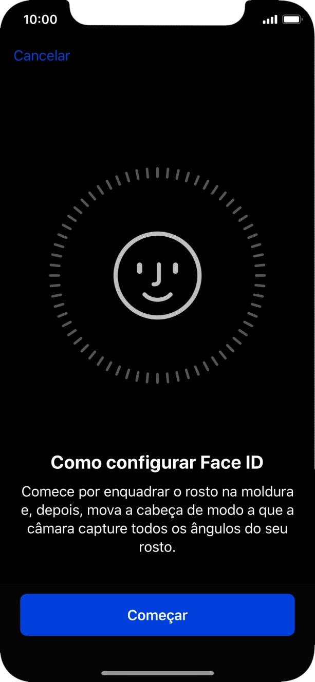 Prima Começar e siga as indicações no ecrã para estabelecer um código de reconhecimento facial (Face ID).